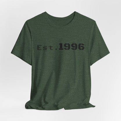 Vintage Est. 1996 T-shirt by Printify featuring a classic design, perfect as a birthday gift for someone born in 1996.