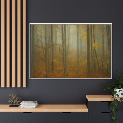 Framed matte canvas print of a misty autumn forest wall art by Printify, featuring vibrant fall colors and detailed forest scene.
