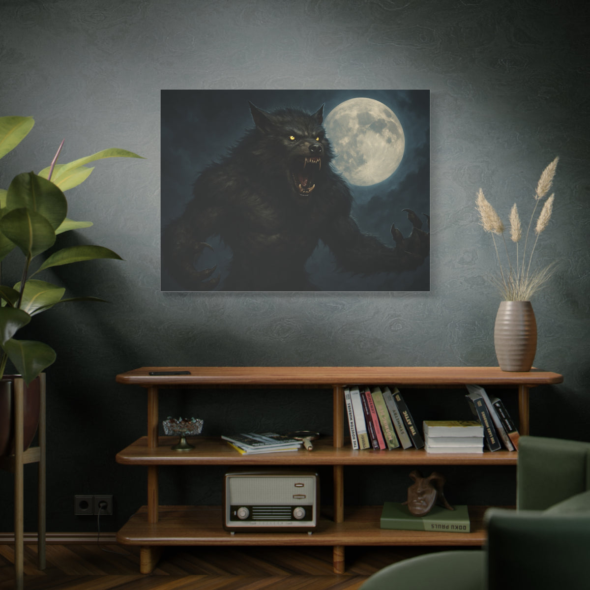Spooky werewolf moon matte canvas print featuring a full moon, ideal for dark, mystical wall decor in modern home or office spaces.