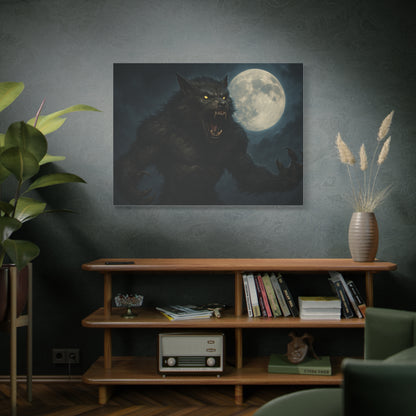 Spooky werewolf moon matte canvas print featuring a full moon, ideal for dark, mystical wall decor in modern home or office spaces.