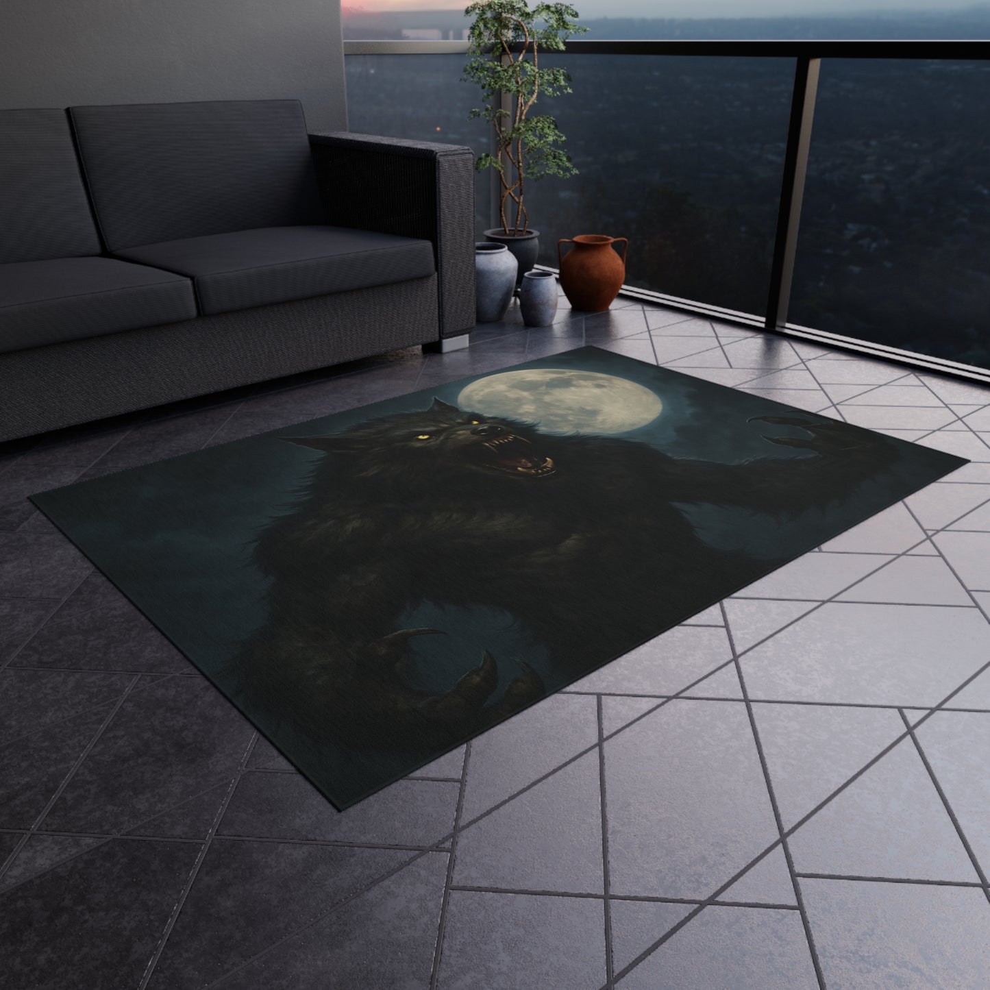 Werewolf Moon outdoor rug featuring a spooky full moon horror design, ideal for patio or outdoor decor.