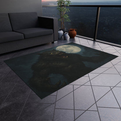 Werewolf Moon outdoor rug featuring a spooky full moon horror design, ideal for patio or outdoor decor.