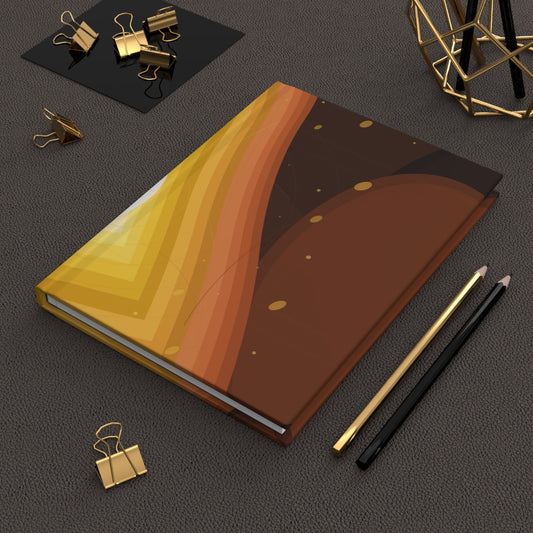 Abstract sunset waves hardcover journal with geometric retro layers, featuring colorful layered paper design by Printify.