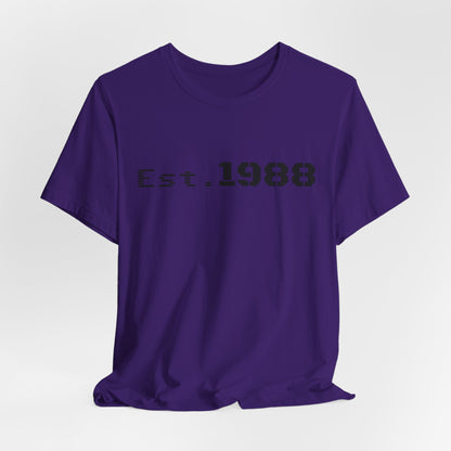 Printify Retro Logo T-Shirt featuring "Est. 1988" design on a casual cotton tee for vintage-inspired style.