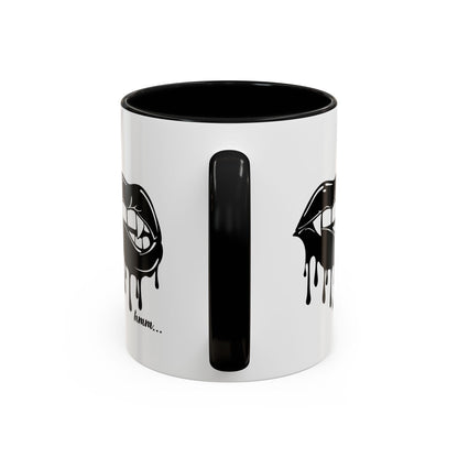 Black accent Dripping Bite coffee mug by Printify, 11oz or 15oz size, featuring a unique dripping bite design on ceramic surface