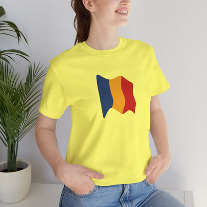 Romania flag T-shirt by Printify featuring a minimal waving tricolor design on a casual tee.