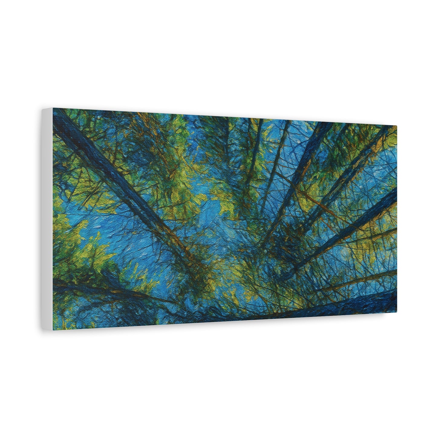 Forest Canopy Matte Canvas Wall Art — Upward View of Trees, Blue & Green Nature Print
