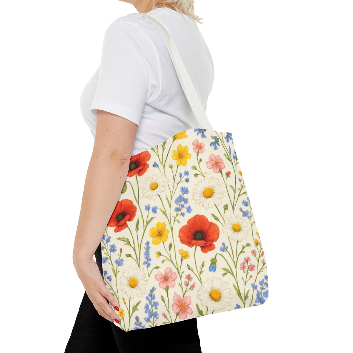 Wildflower Poppy print tote bag by Printify featuring a vibrant floral all-over pattern on a sturdy fabric bag.