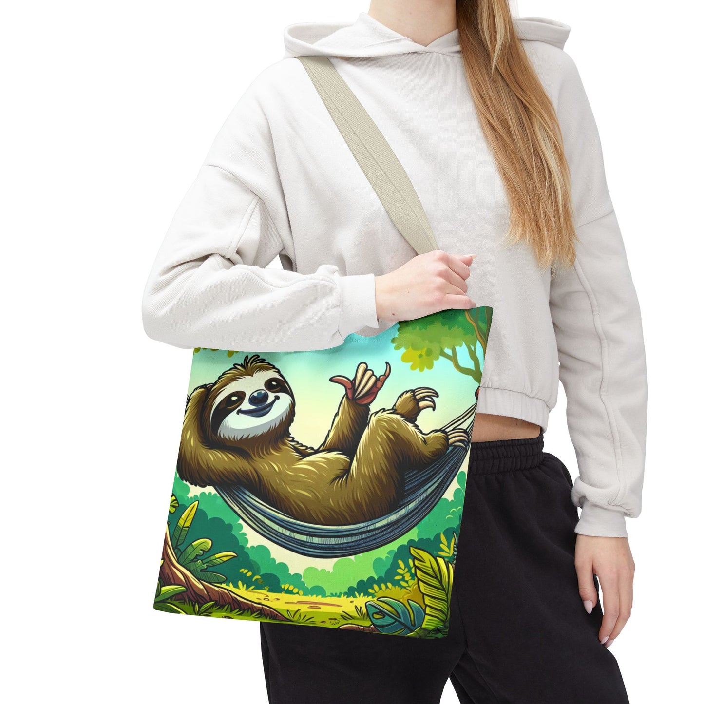 Eco-friendly sloth tote bag by Printify featuring a cute sloth design, perfect for animal lovers and casual outings.