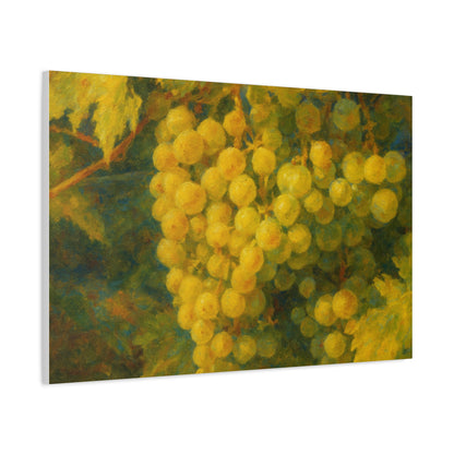 Yellow grape cluster canvas print by Printify, showcasing vibrant yellow grapes hanging in a natural cluster on canvas artwork.