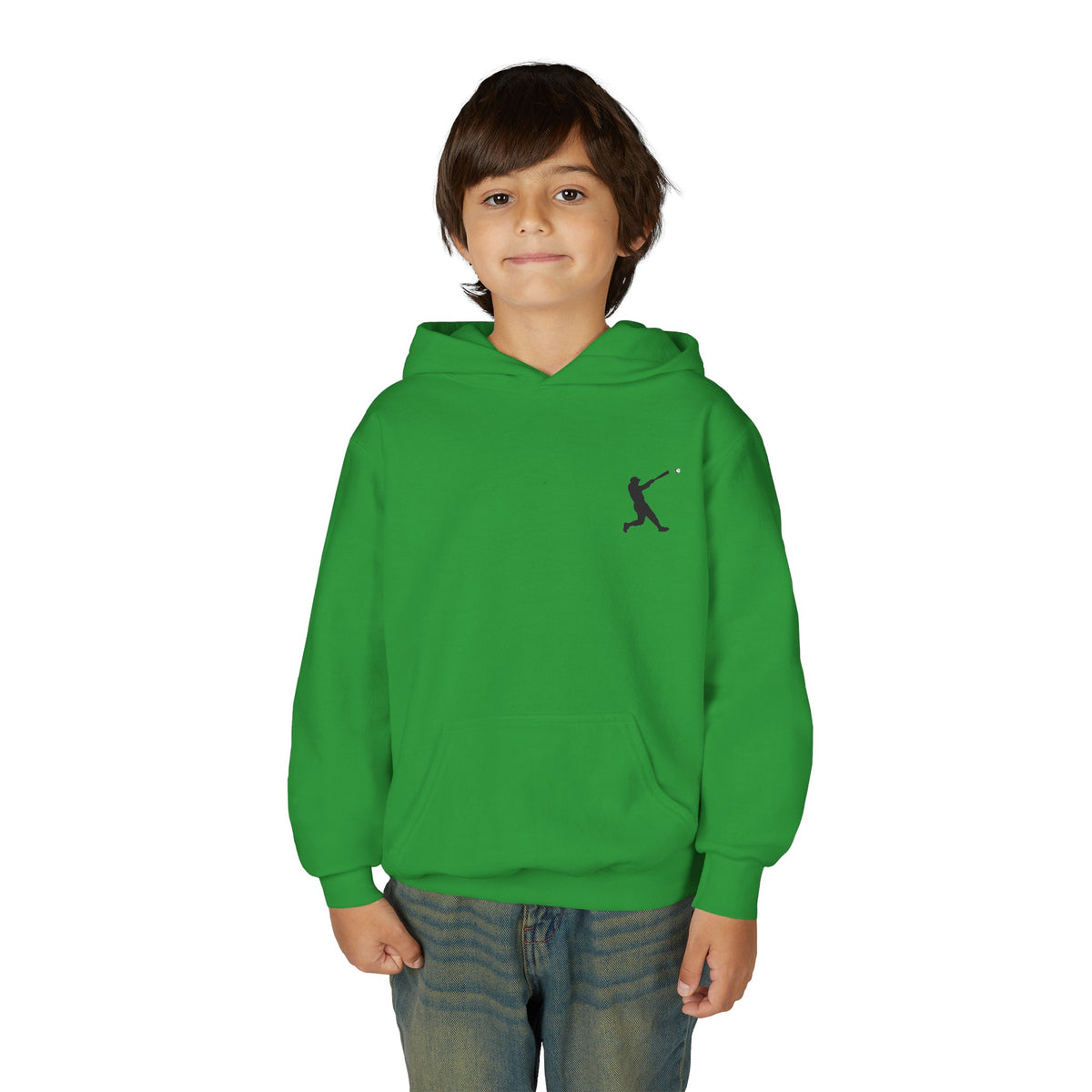 Youth baseball silhouette hoodie for kids, featuring a baseball player design on a comfortable pullover sweatshirt.