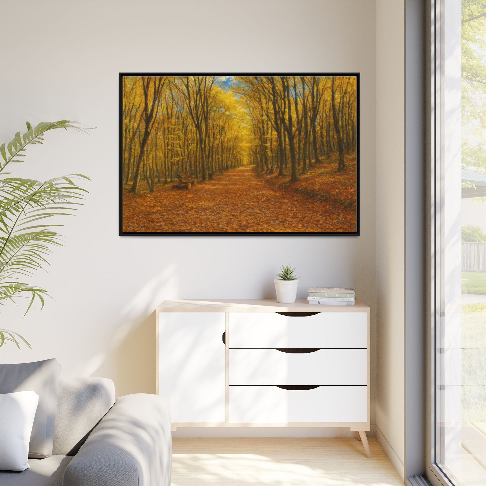 Autumn forest path matte canvas wall art by Printify showing a peaceful forest scene with colorful fall leaves and tall trees.