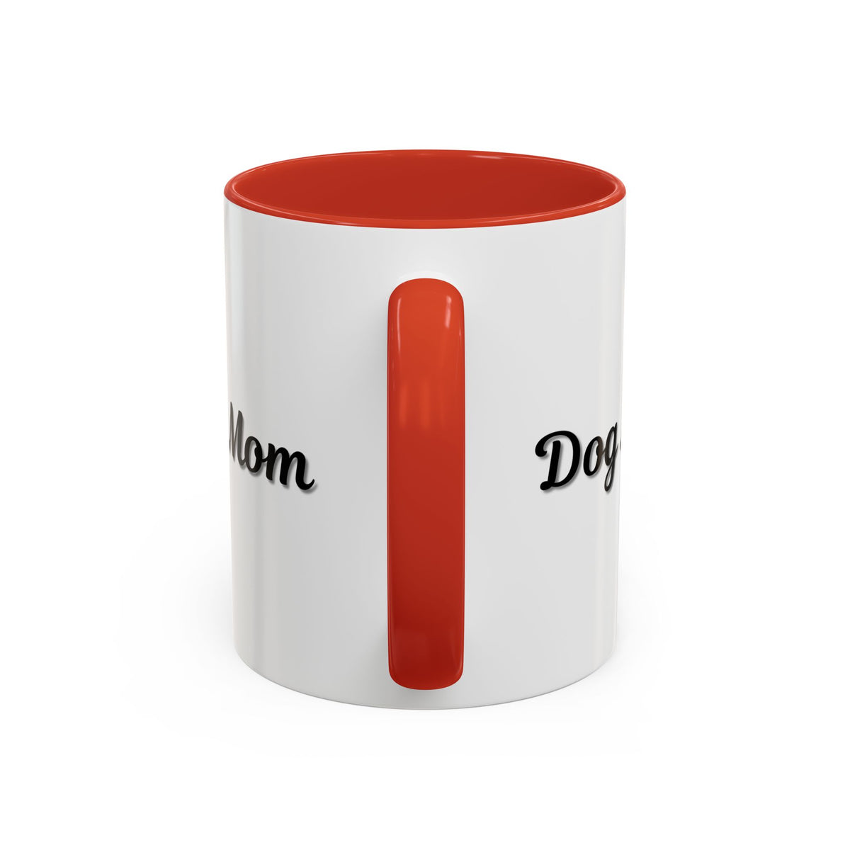 Dog Mom Accent Coffee Mug — white ceramic coffee mug with retro script "Dog Mom" print, colored interior and C-handle, 11oz/15oz, angled view on wooden table