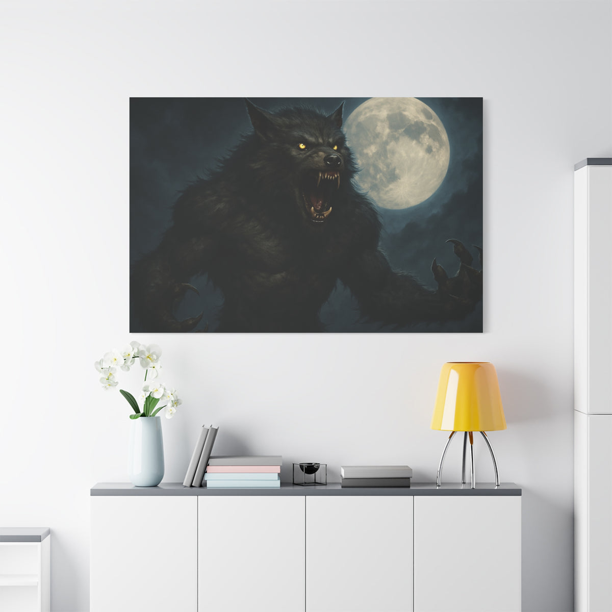 Spooky werewolf moon matte canvas print featuring a full moon and dark sky, ideal for wall art decor.