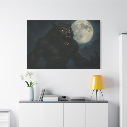 Spooky werewolf moon matte canvas print featuring a full moon and dark sky, ideal for wall art decor.