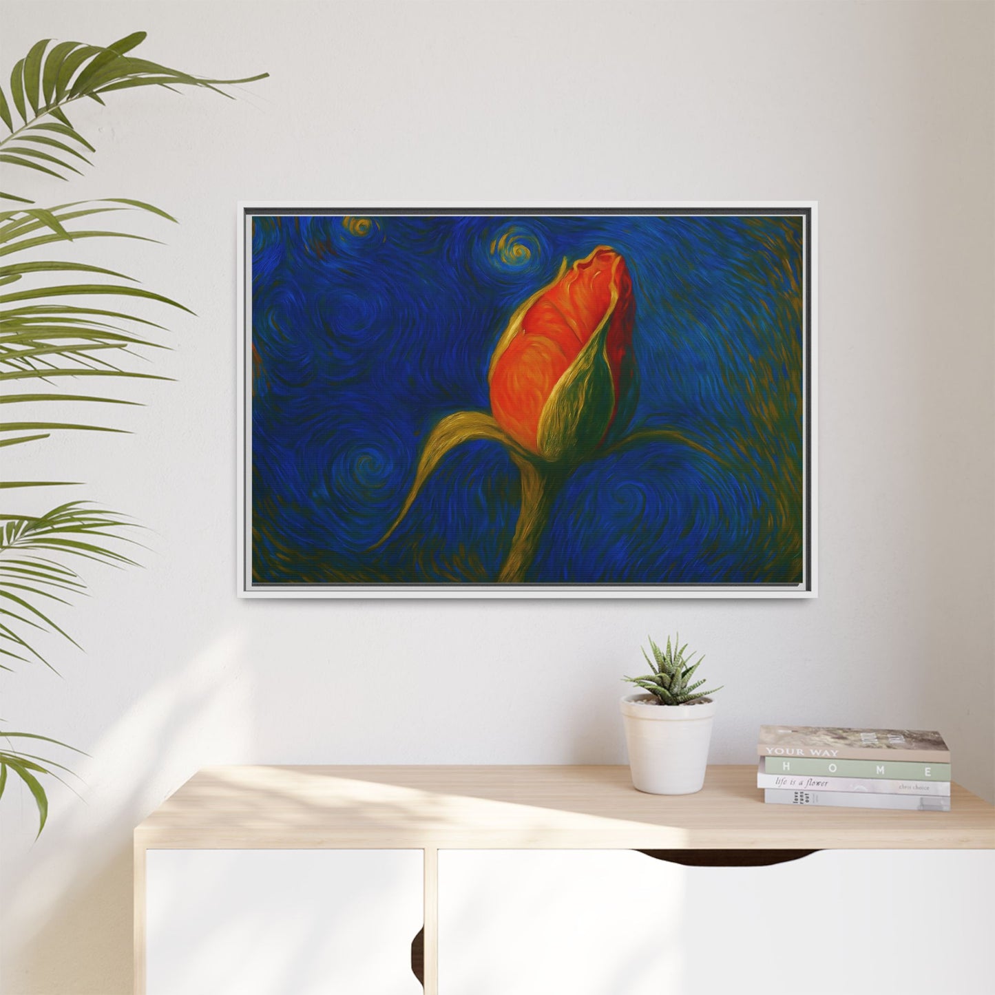 Red rose bud painting on framed canvas wall art by Printify, featuring vibrant red roses on a matte finish background.
