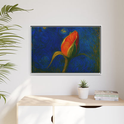 Red rose bud painting on framed canvas wall art by Printify, featuring vibrant red roses on a matte finish background.