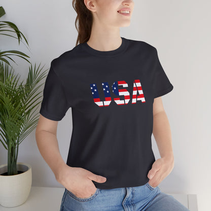 USA Flag Text T-Shirt by Printify featuring patriotic American flag design for Fourth of July celebrations.