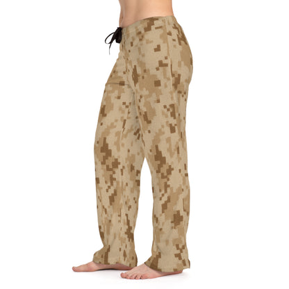 Desert camo women's pajama pants with digital camouflage print, cozy loungewear from Printify, shown on a model.