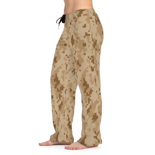 Desert camo women's pajama pants with digital camouflage print, cozy loungewear from Printify, shown on a model.