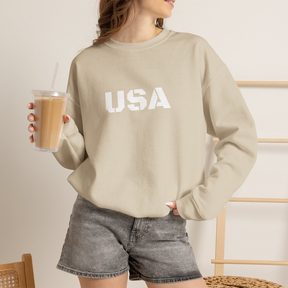 Blue USA crewneck sweatshirt by Printify featuring patriotic design, perfect for casual wear and seasonal comfort.