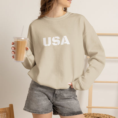 Blue USA crewneck sweatshirt by Printify featuring patriotic design, perfect for casual wear and seasonal comfort.