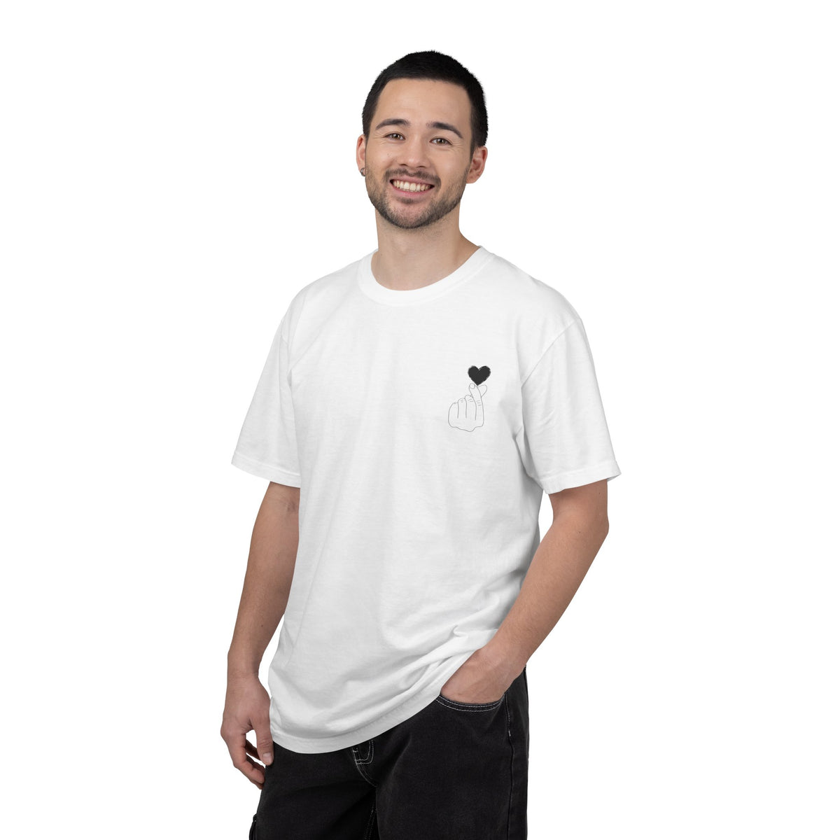 Minimal black heart graphic T-shirt by Printify featuring a finger heart design on a casual black tee.