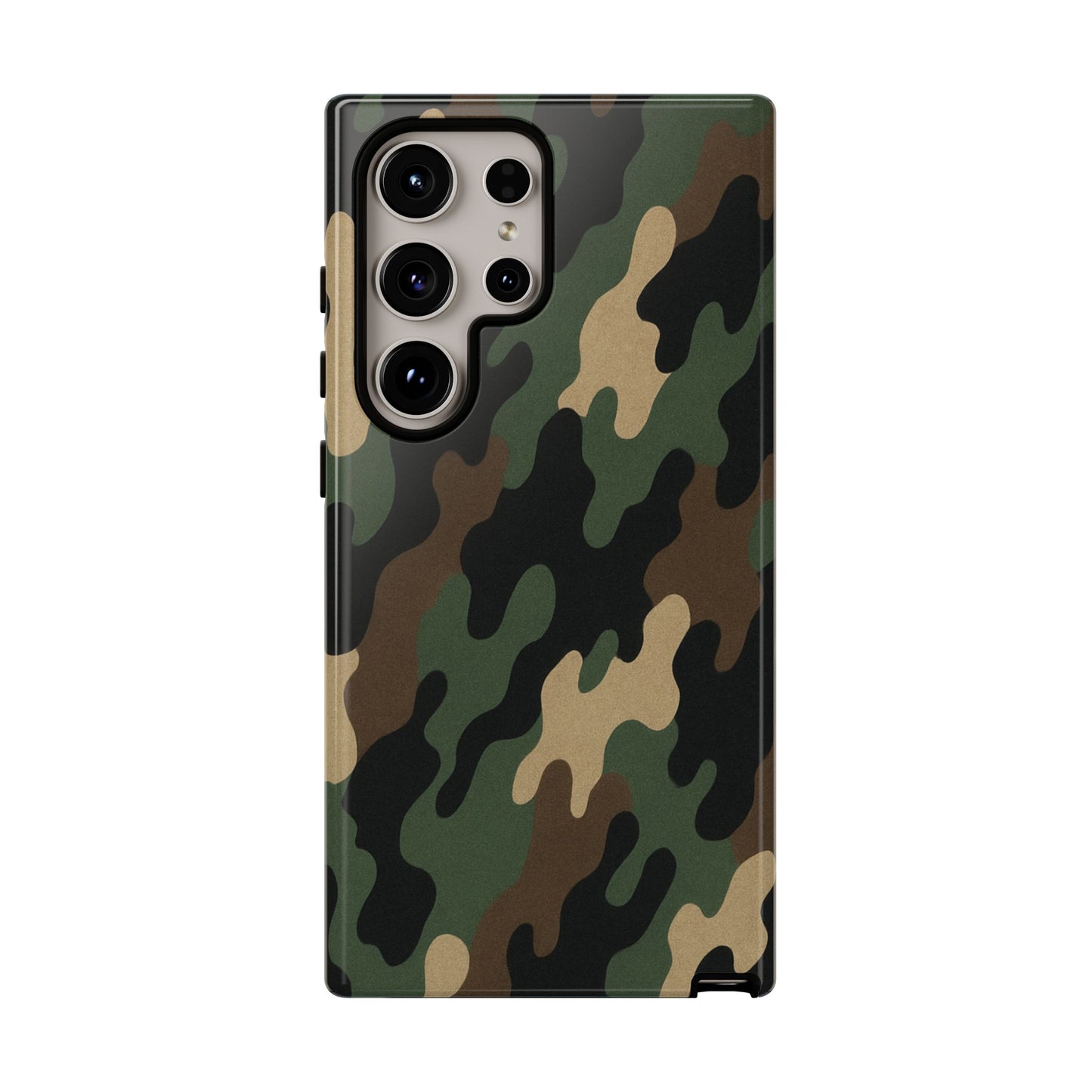 Camouflage tough phone case by Printify with rugged camo design, offering protective coverage for a smartphone.