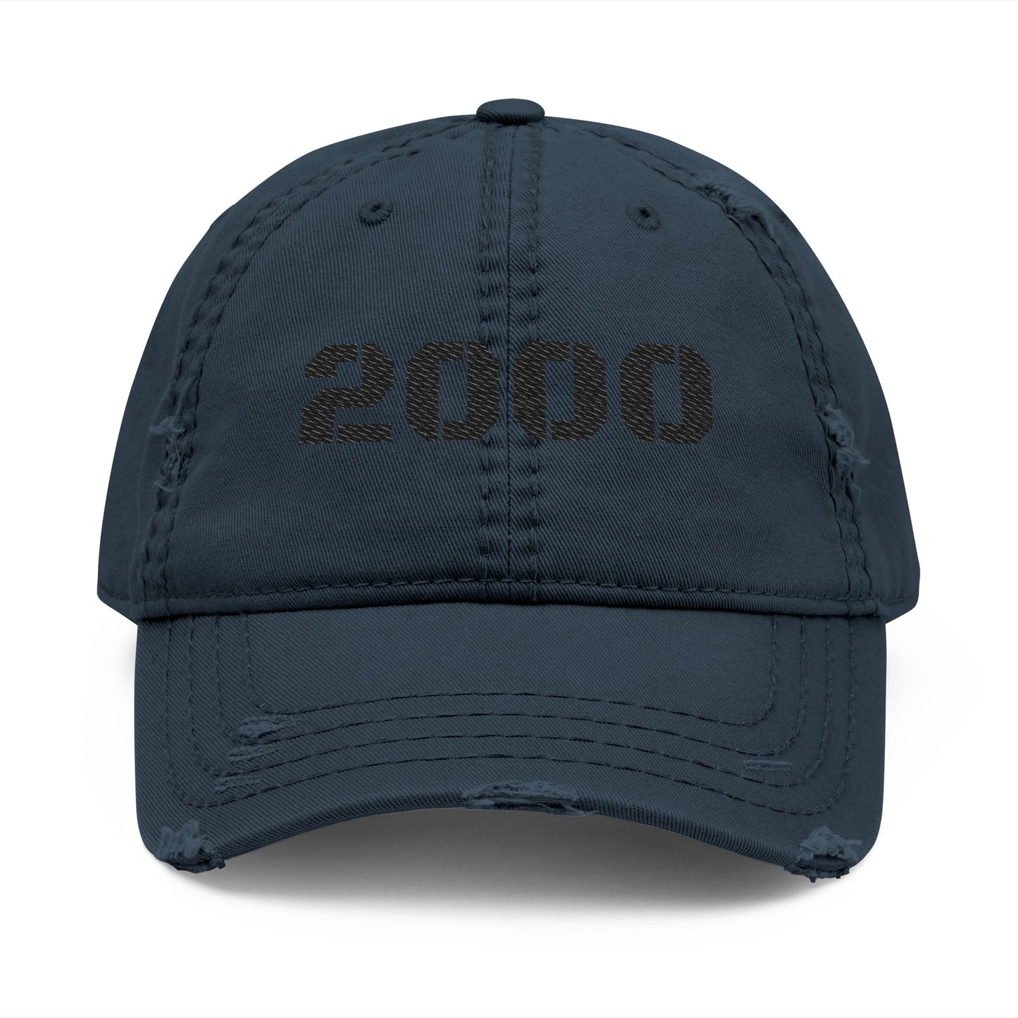 Vintage military grey distressed embroidered '2000' dad hat, casual baseball cap with worn look and embroidered detail.