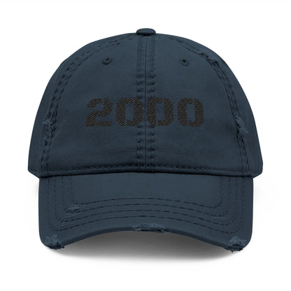 Vintage military grey distressed embroidered '2000' dad hat, casual baseball cap with worn look and embroidered detail.