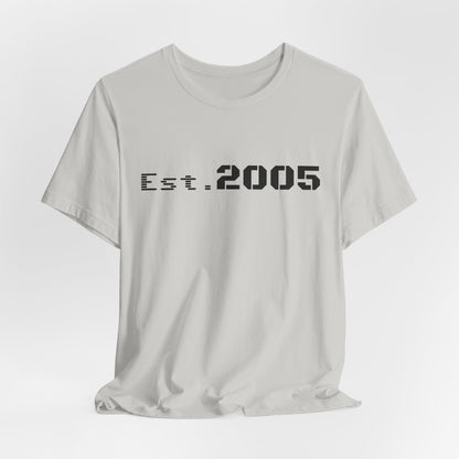 Black Est. 2005 Printify T-shirt with minimalist anniversary year design, casual unisex graphic tee.