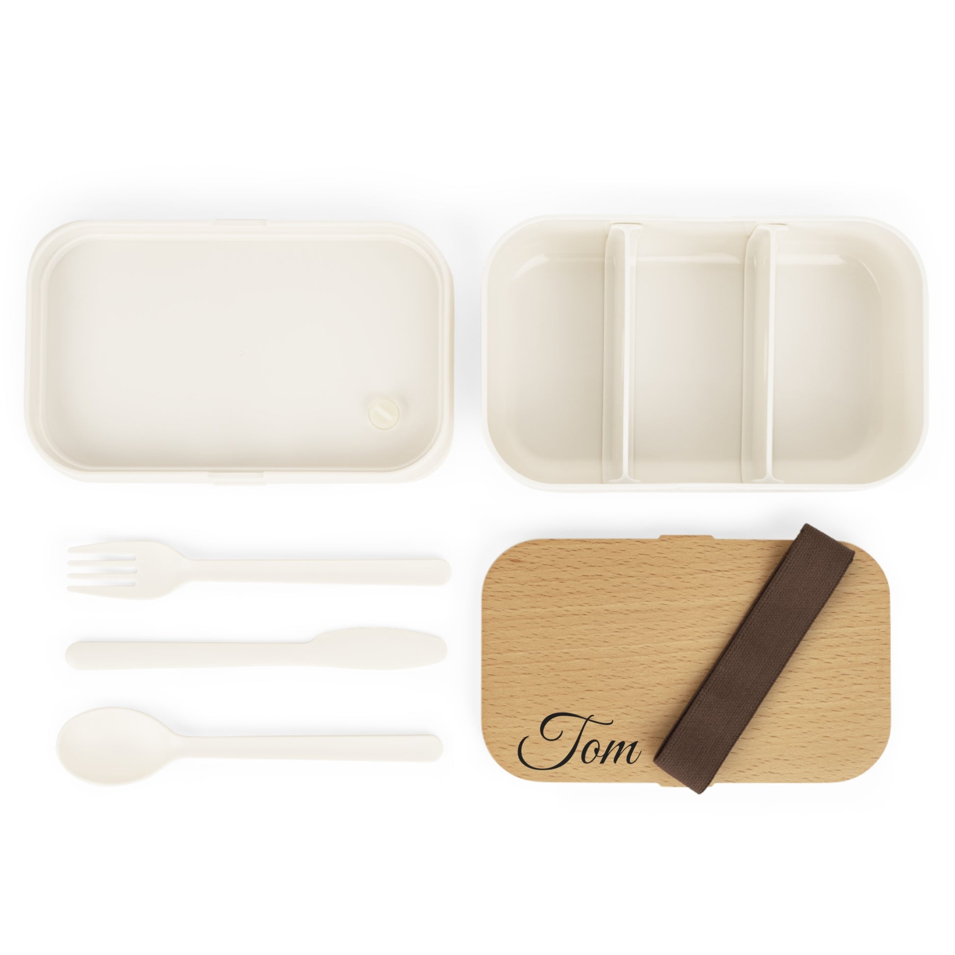 Personalized wooden bento lunch box with engraved name "Tom," durable wood accessories for eco-friendly lunch packaging.