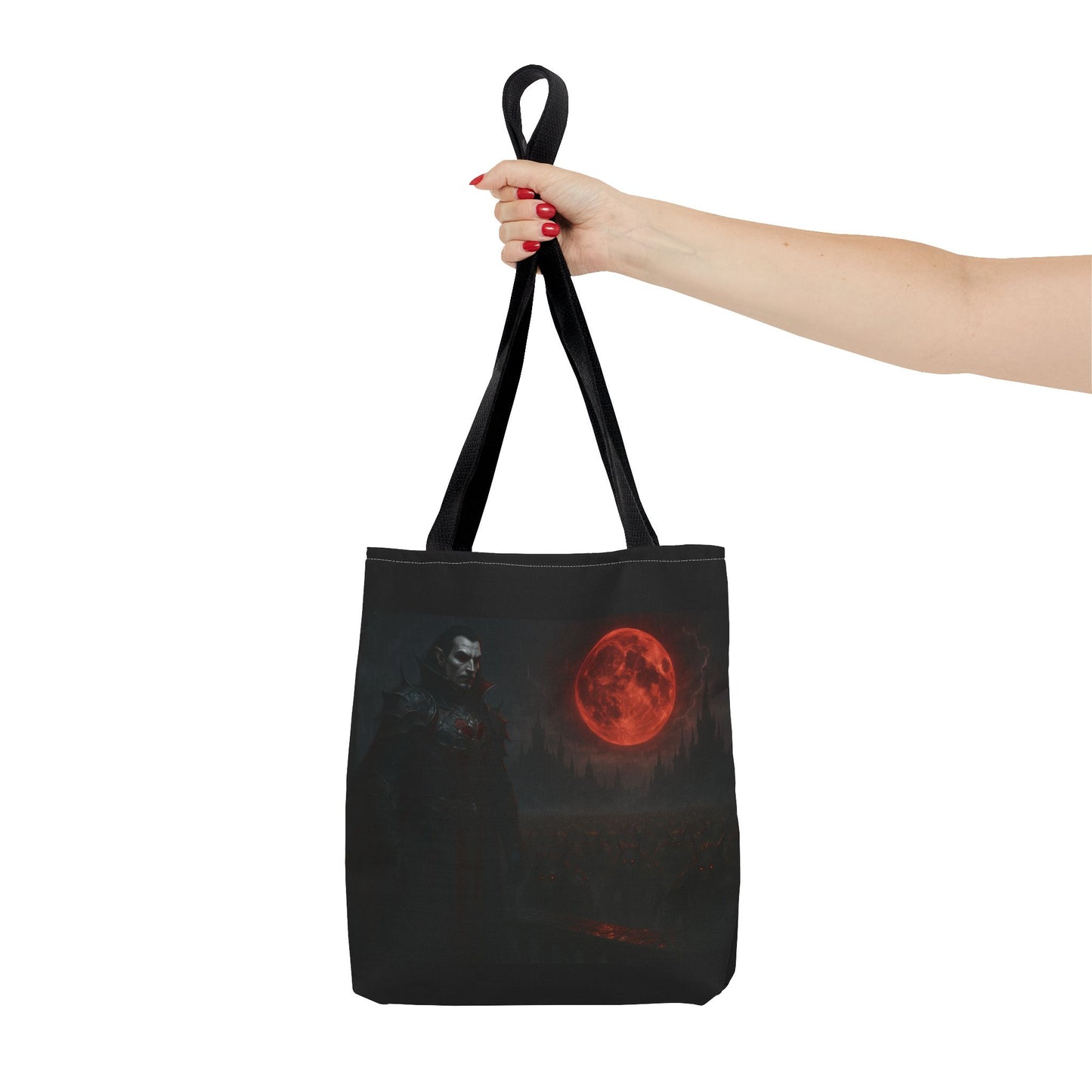 Gothic Dracula tote bag with moonlit vampire art, featuring a spooky Halloween design on a Printify bag.