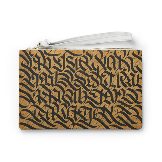 Elegant black calligraphy clutch bag by Printify, stylish evening purse with intricate design for special occasions.