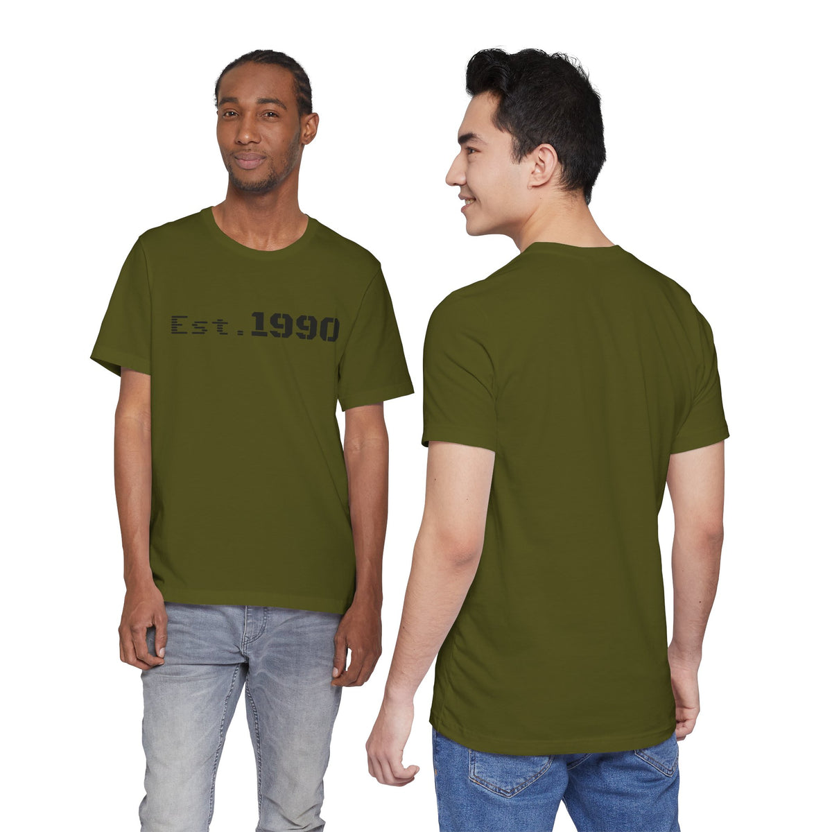 Vintage Est. 1990 T-Shirt by Printify showing a classic design with the birth year and minimalistic style on soft fabric.