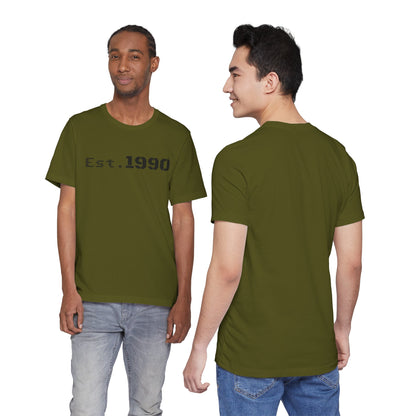 Vintage Est. 1990 T-Shirt by Printify showing a classic design with the birth year and minimalistic style on soft fabric.