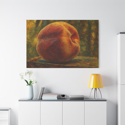 Peach still life matte canvas print stretched 1.25-inch wall art by Printify showing a vibrant peach arrangement on canvas.