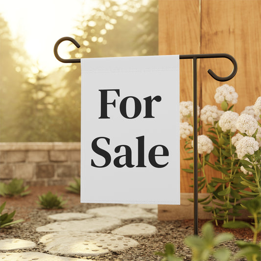 Printify house for sale garden flag with "For Sale" banner, featuring vibrant design suitable for outdoor display