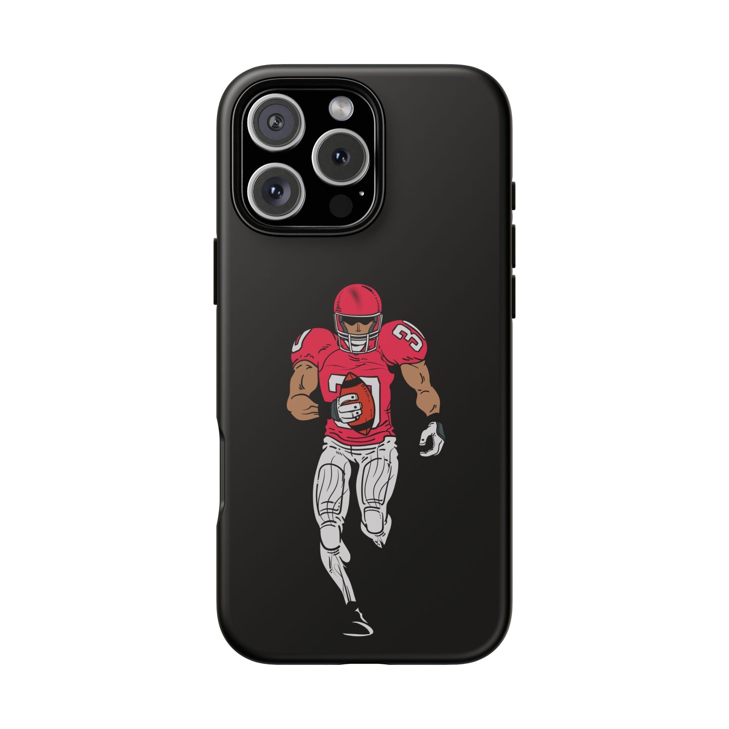 Black football player tough phone case for iPhone, protective sports-themed case by Printify with athletic design.