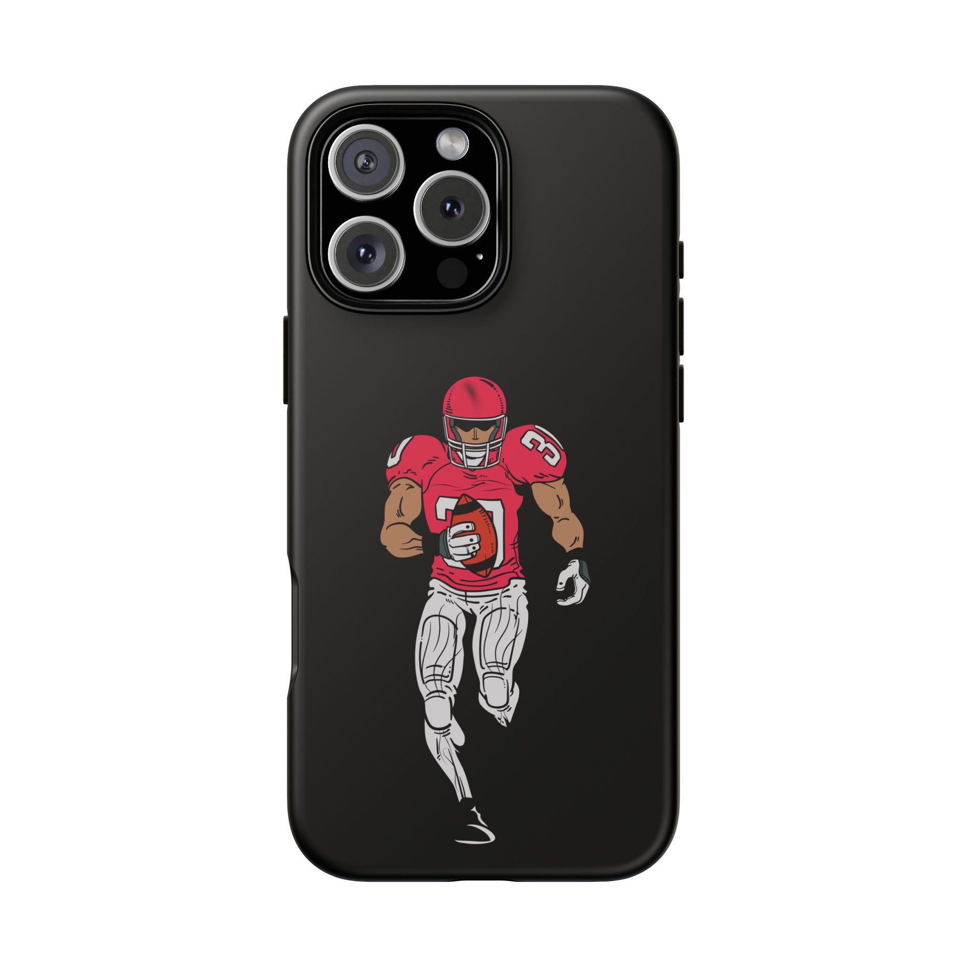 Black football player tough phone case for iPhone, protective sports-themed case by Printify with athletic design.