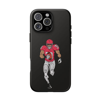 Black football player tough phone case for iPhone, protective sports-themed case by Printify with athletic design.