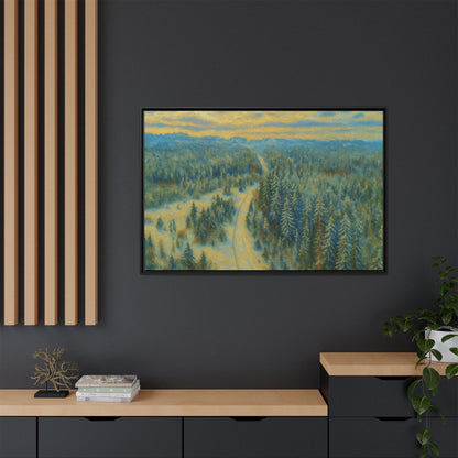 Framed matte canvas print of a serene winter forest landscape, showcasing detailed snowy trees and calm winter scenery.