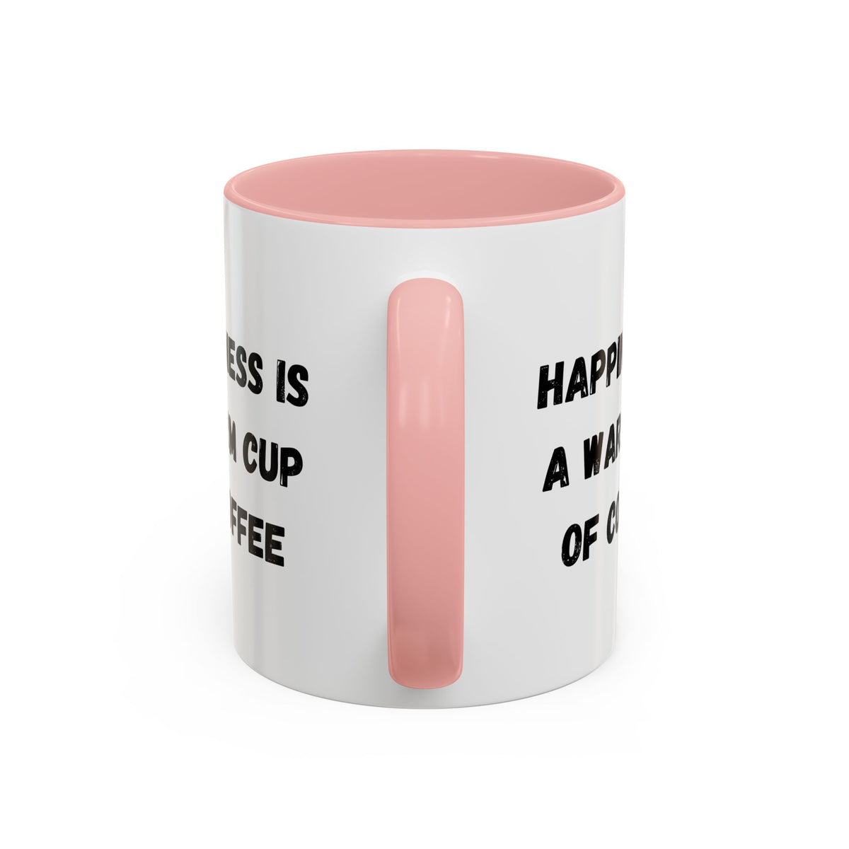 White ceramic coffee mug with "Happiness Is A Warm Cup Of Coffee" quote in black lettering, Printify brand logo visible.