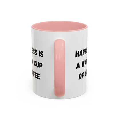 White ceramic coffee mug with "Happiness Is A Warm Cup Of Coffee" quote in black lettering, Printify brand logo visible.