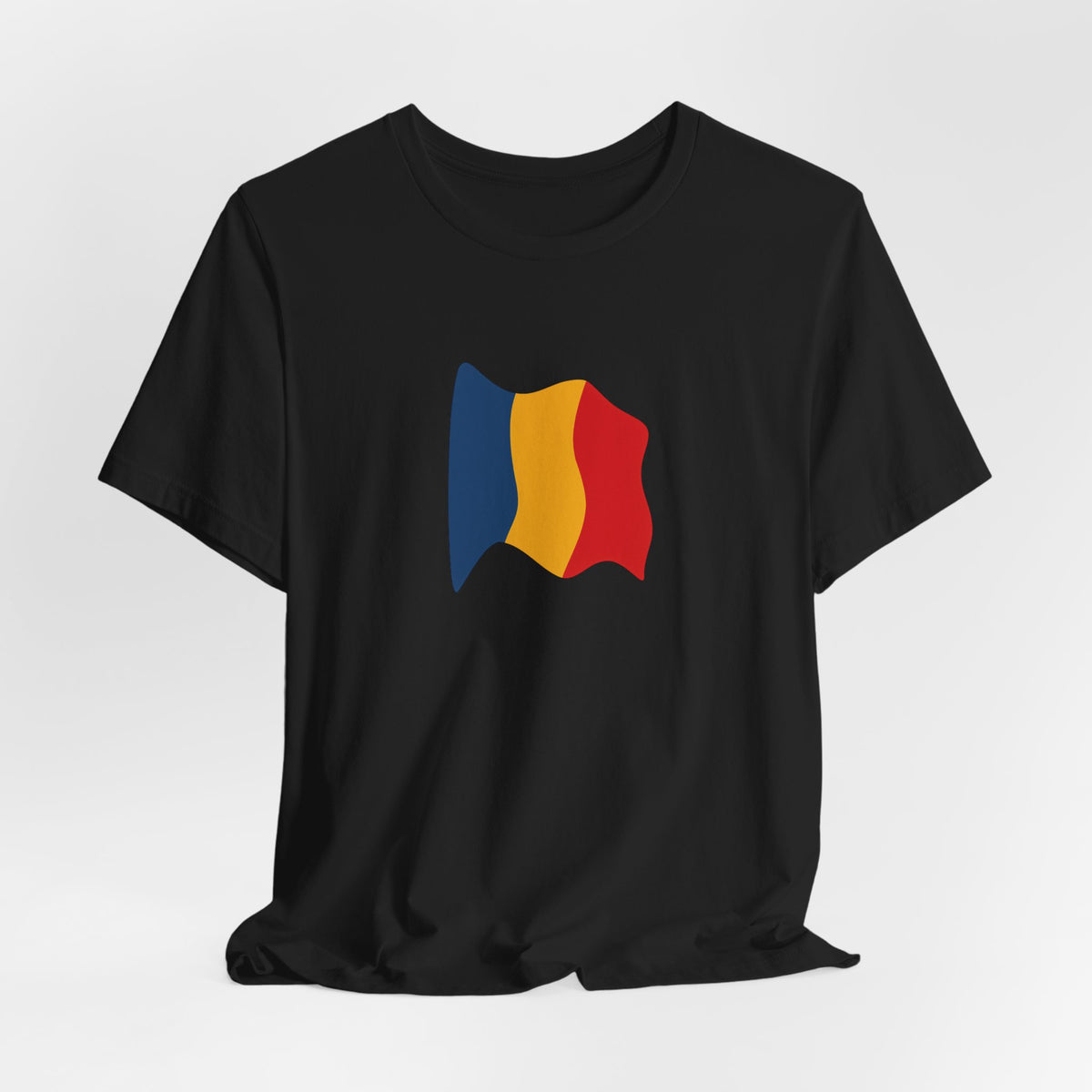 Romania flag T-shirt by Printify featuring a minimal waving tricolor design, casual apparel for Romania national pride.