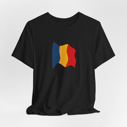 Romania flag T-shirt by Printify featuring a minimal waving tricolor design, casual apparel for Romania national pride.