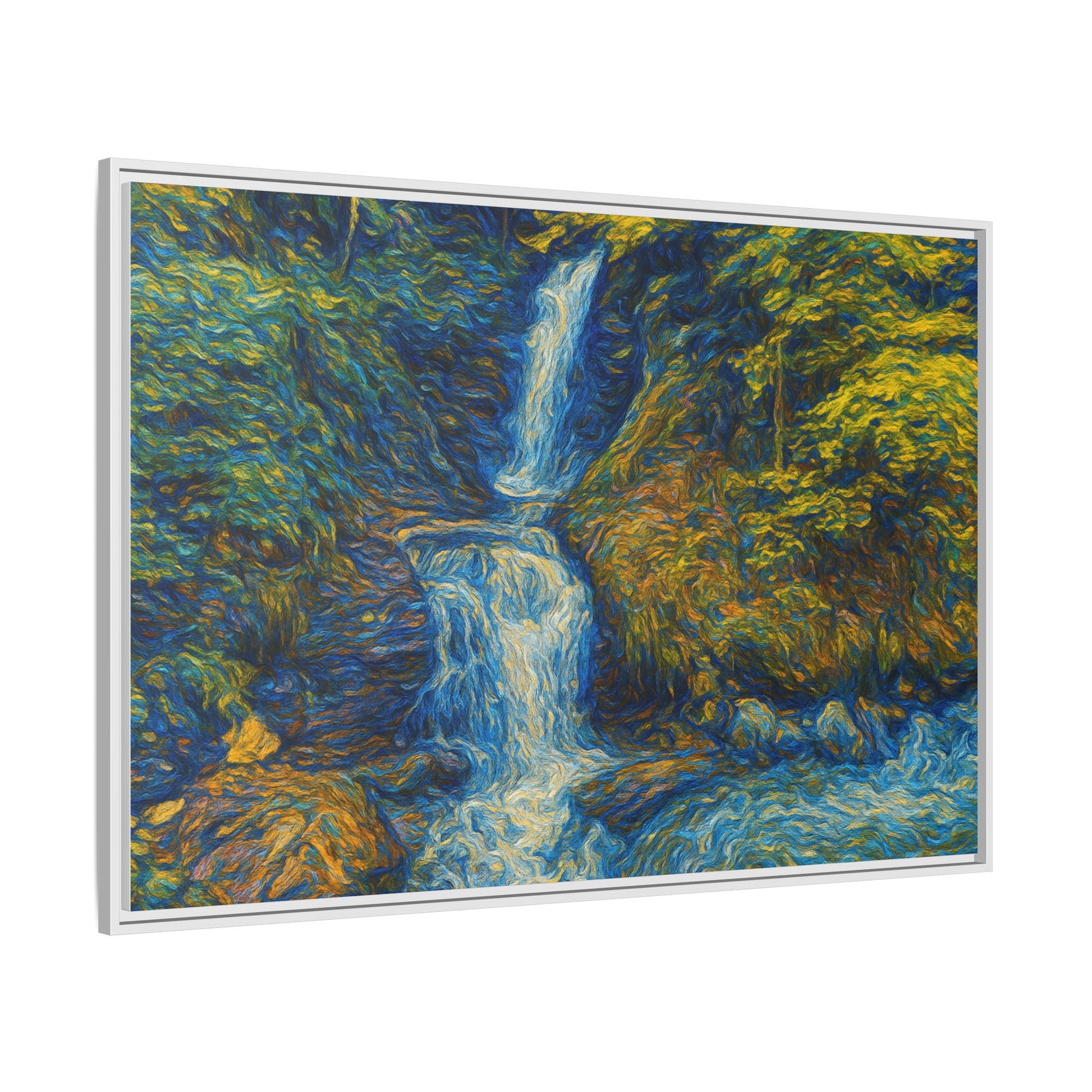 Framed matte canvas print of impressionist waterfall wall art by Printify, showcasing vibrant colors and textured brushstroke details.