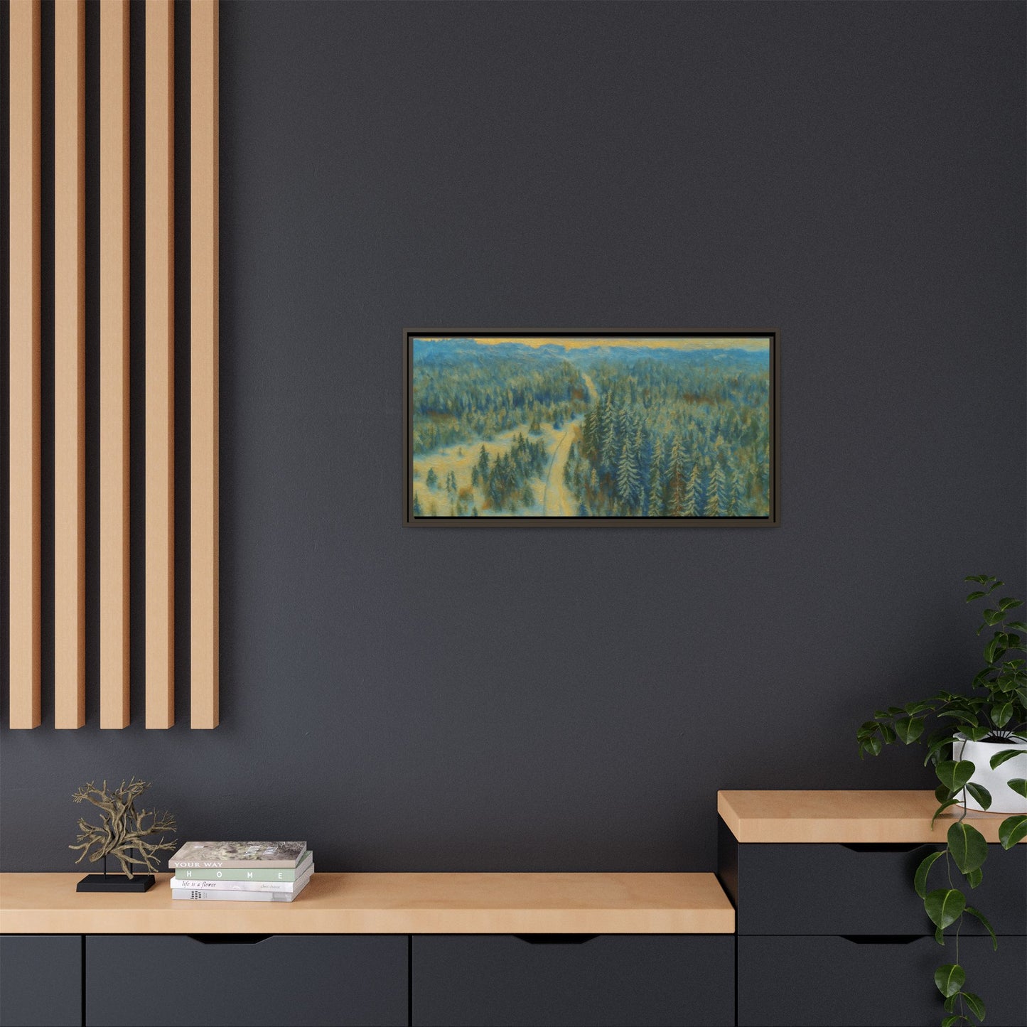 Framed matte canvas print of a serene winter forest landscape by Printify, showcasing snowy trees and peaceful woodland scene.