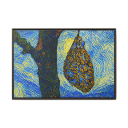 Framed matte canvas art of a starry nut cluster with dried plum in tree, by Printify, showcasing detailed botanical artwork.