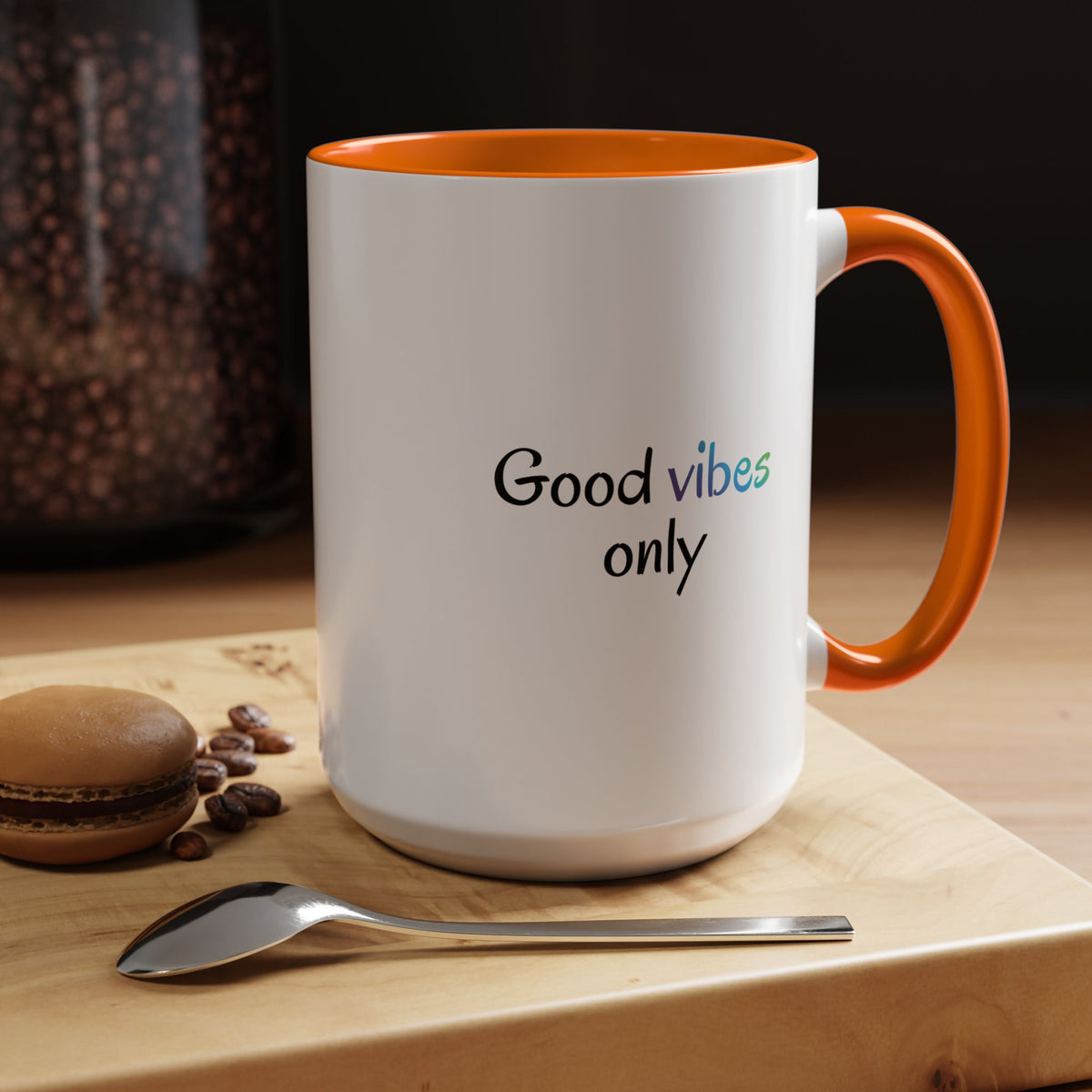 Printify Good Vibes Only accent coffee mug with positive morning quote, ceramic tea cup for inspirational mornings.